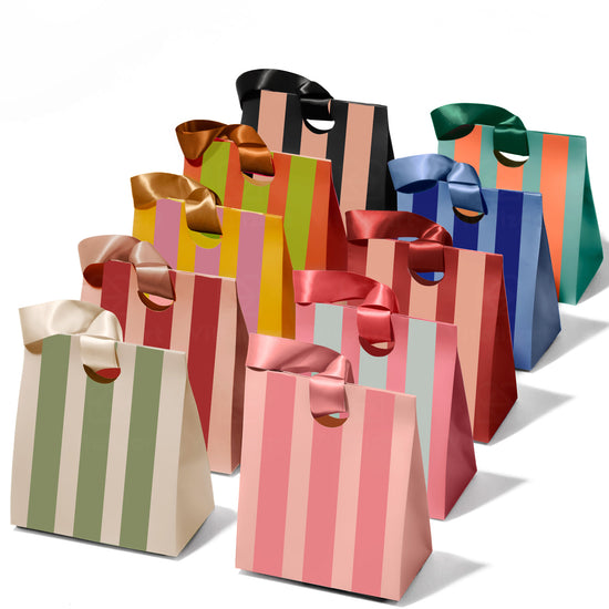 Mixed-Color Striped Paper Mini Gift Bags with Ribbon Handles — Set of 10 - Vitalizart