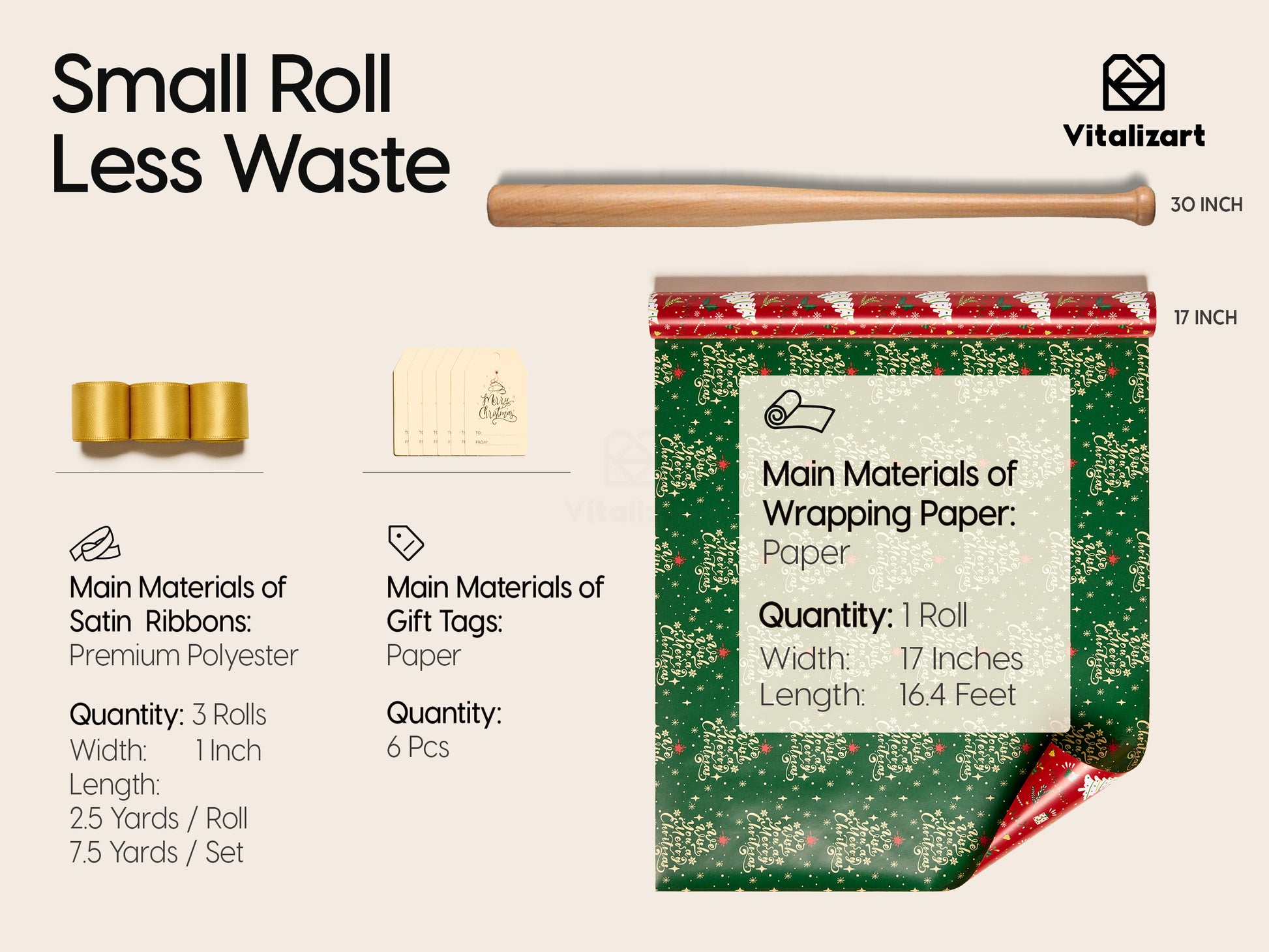 Vitalizart Christmas Wrapping Paper Roll Set 17" With Satin Ribbon & Gift Tags( - Vitalizart