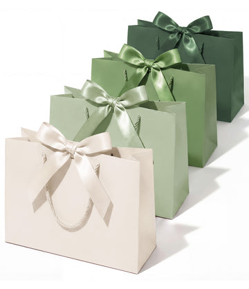 Vitalizart Paper Gift Bags With Ribbon Handles Set of 5 Green Bulk Reusable For Gift Wrap 13" x10"x5"Large Size(Green) - Vitalizart