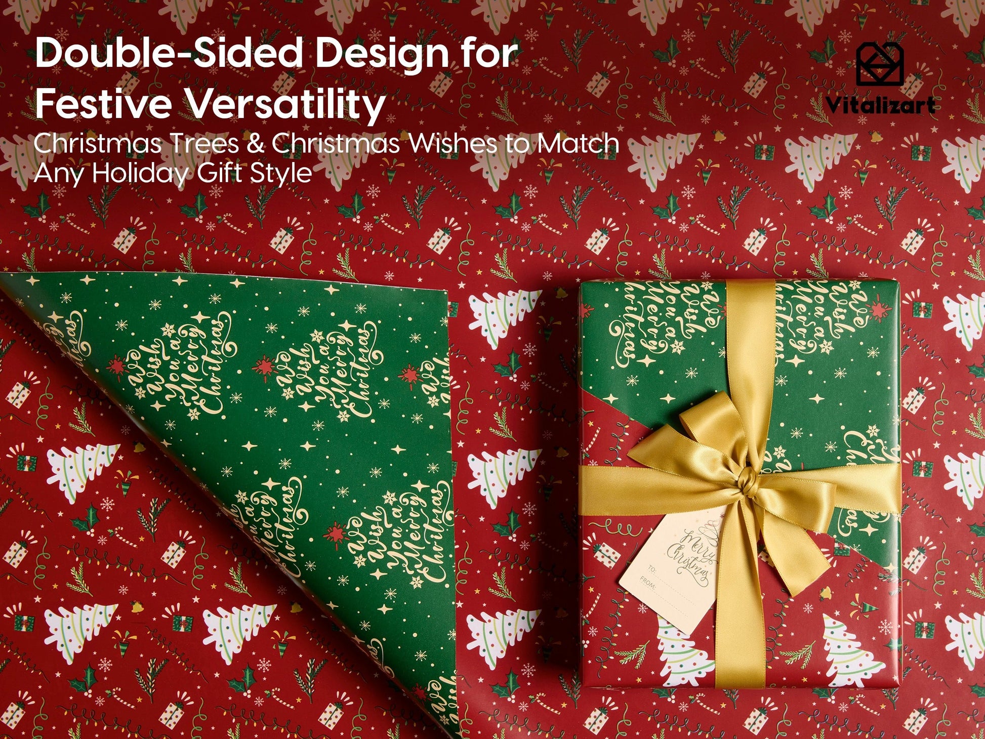 Vitalizart Christmas Wrapping Paper Roll Set 17" With Satin Ribbon & Gift Tags( - Vitalizart