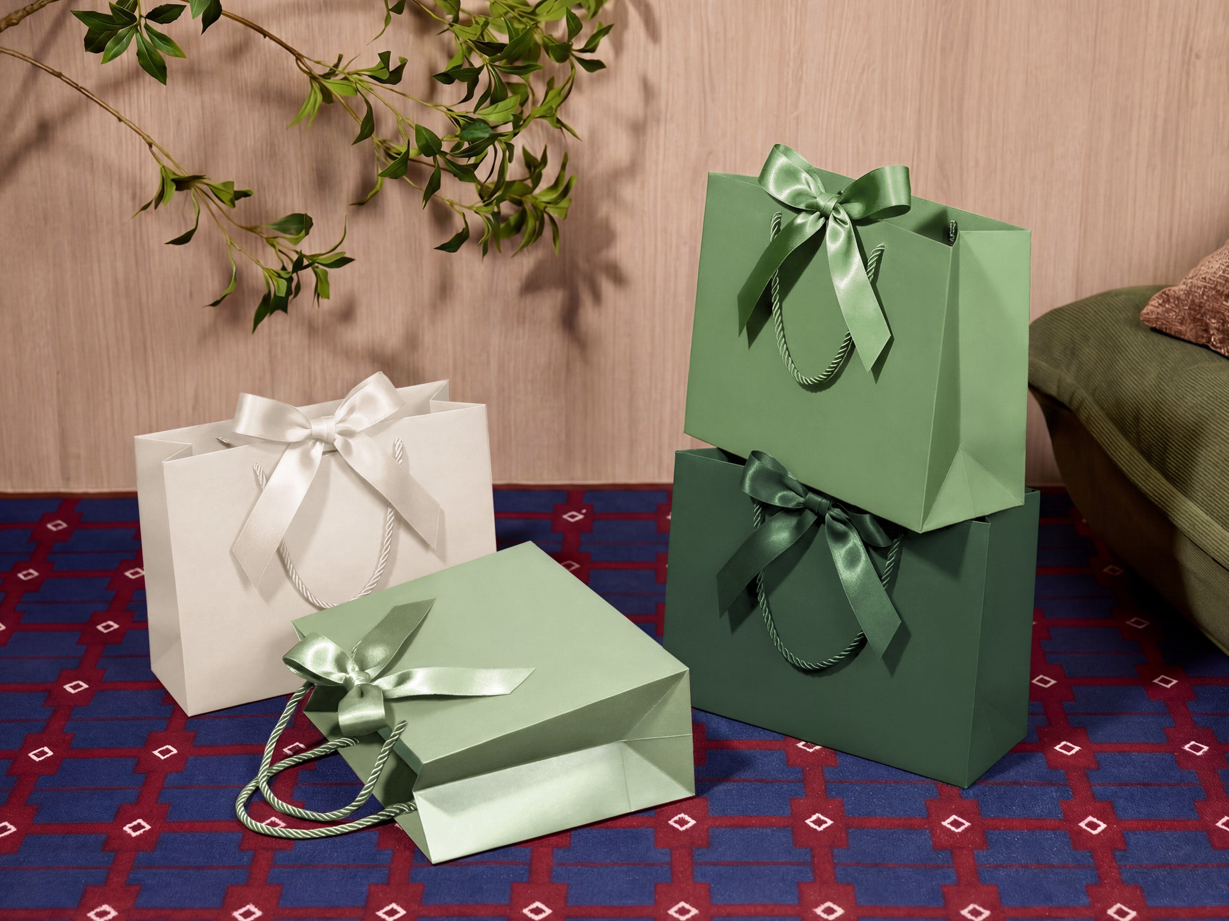 Vitalizart Paper Gift Bags With Ribbon Handles Set of 5 Green Bulk Reusable For Gift Wrap 13
