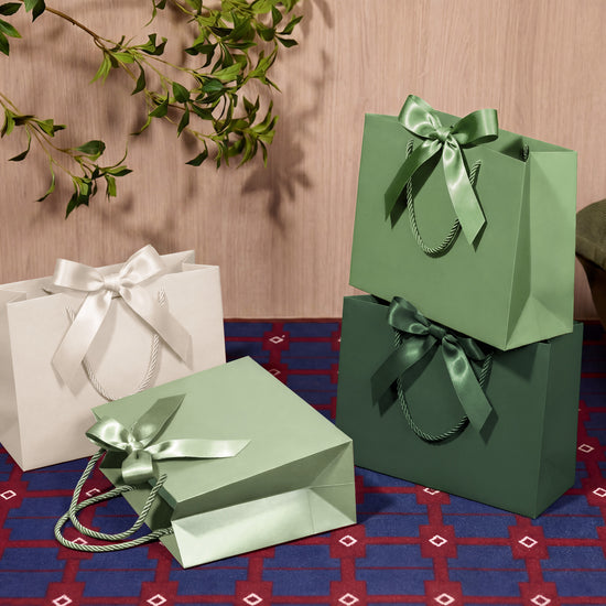 Vitalizart Paper Gift Bags With Ribbon Handles Set of 5 Green Bulk Reusable For Gift Wrap 13" x10"x5"Large Size(Green) - Vitalizart