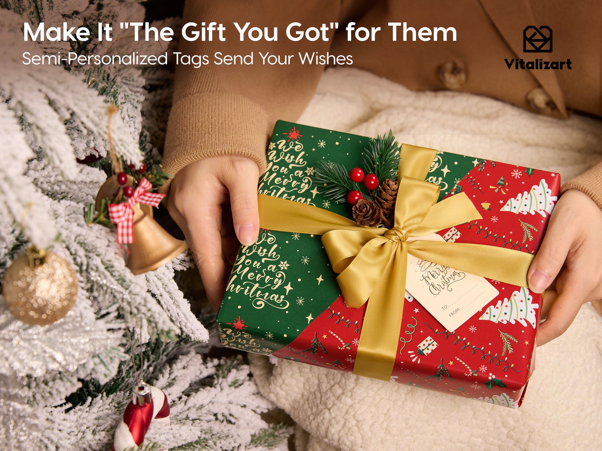 Vitalizart Christmas Wrapping Paper Roll Set 17" With Satin Ribbon & Gift Tags( - Vitalizart