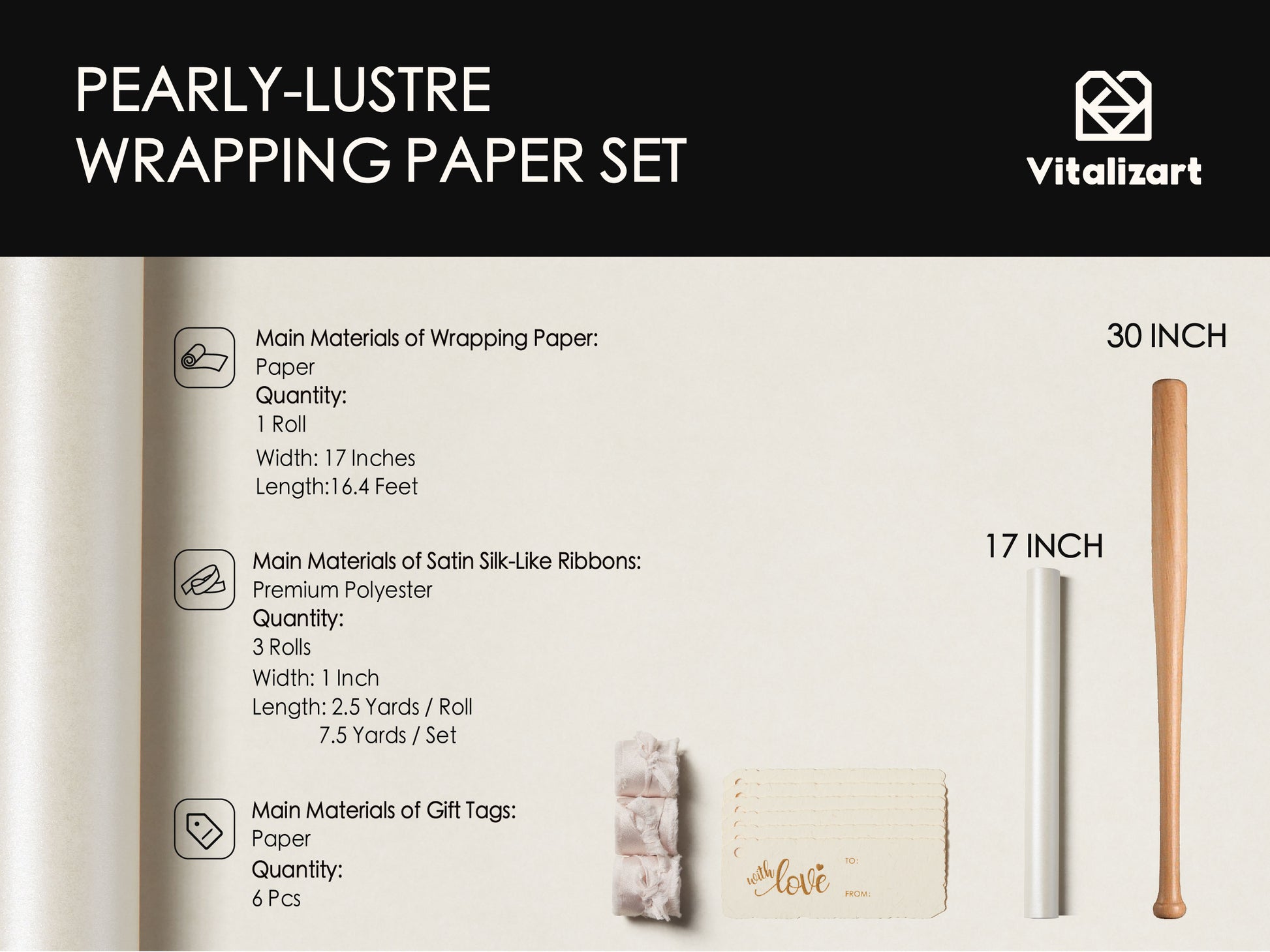 Wrapping Paper Set 17"x197" Pearly - Lustre With Silk Like Satin Ribbon & Gift Tags (White Paper & Light Nude Ribbons) - Vitalizart