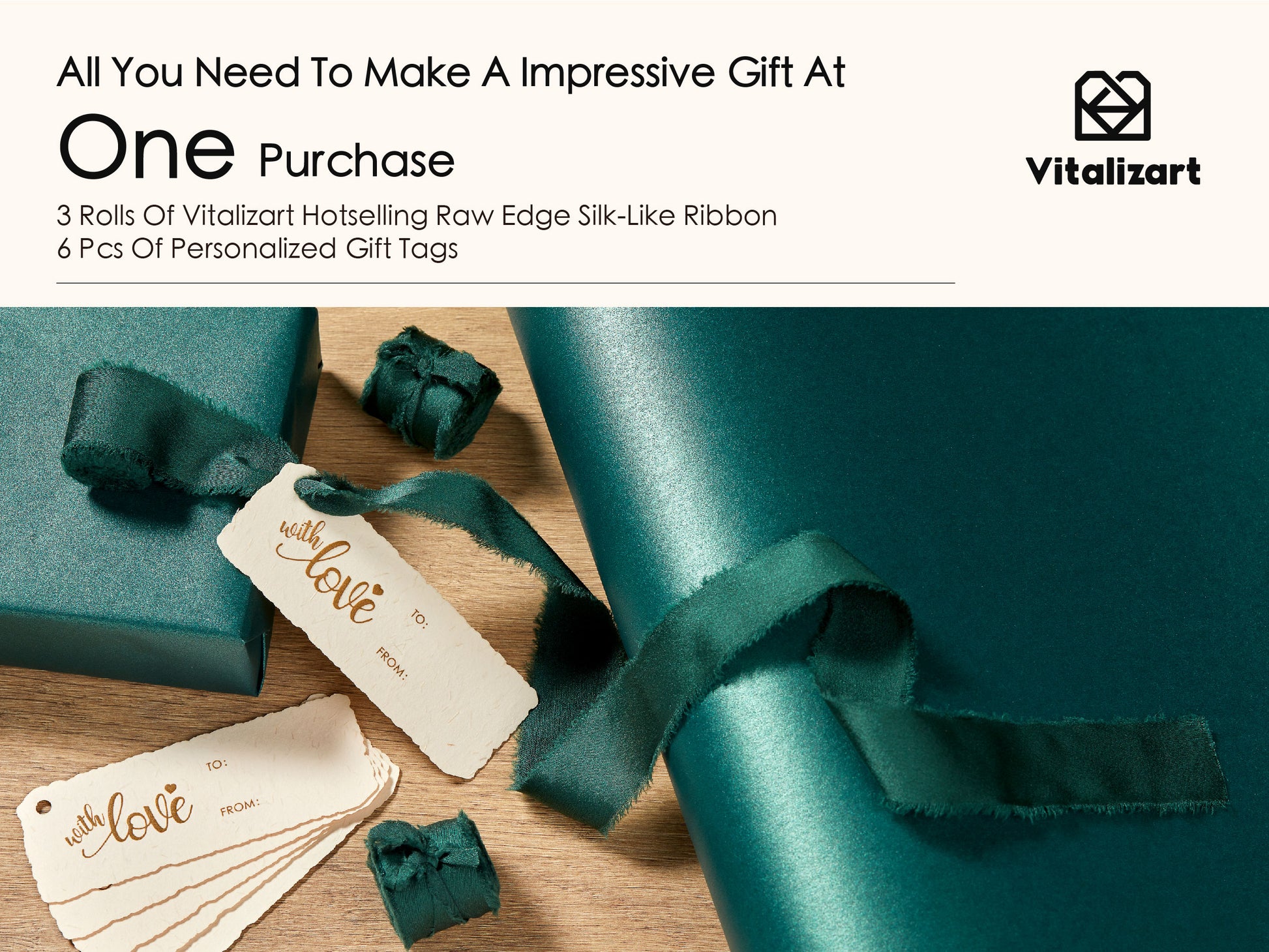 Wrapping Paper Set 17"x197" Pearly - Lustre With Silk Like Satin Ribbon & Gift Tags (Green Paper & Green Ribbons) - Vitalizart