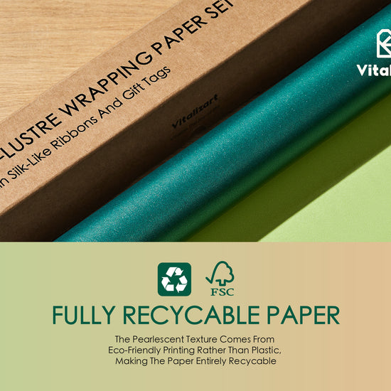 Wrapping Paper Set 17"x197" Pearly - Lustre With Silk Like Satin Ribbon & Gift Tags (Green Paper & Green Ribbons) - Vitalizart
