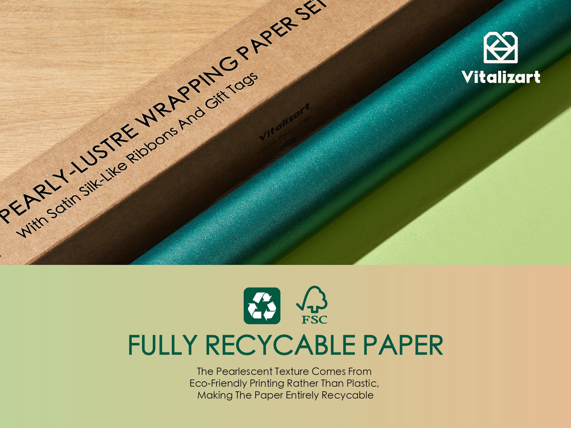 Wrapping Paper Set 17"x197" Pearly - Lustre With Silk Like Satin Ribbon & Gift Tags (Green Paper & Green Ribbons) - Vitalizart