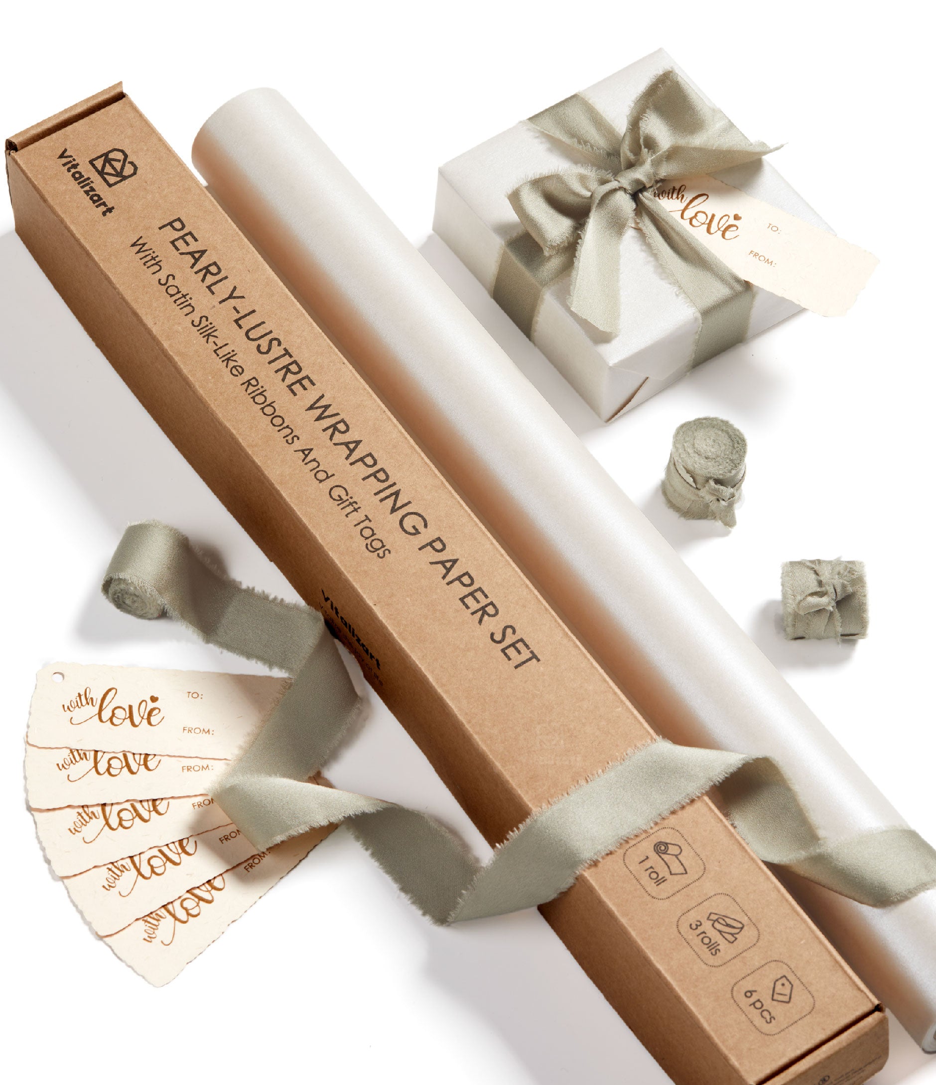 Wrapping Paper Set 17"x197" Pearly - Lustre With Silk Like Satin Ribbon & Gift Tags (White Paper & Sage Ribbons) - Vitalizart