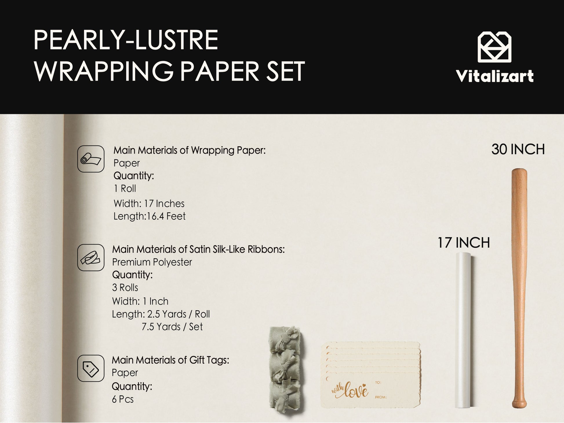 Wrapping Paper Set 17"x197" Pearly - Lustre With Silk Like Satin Ribbon & Gift Tags (White Paper & Sage Ribbons) - Vitalizart