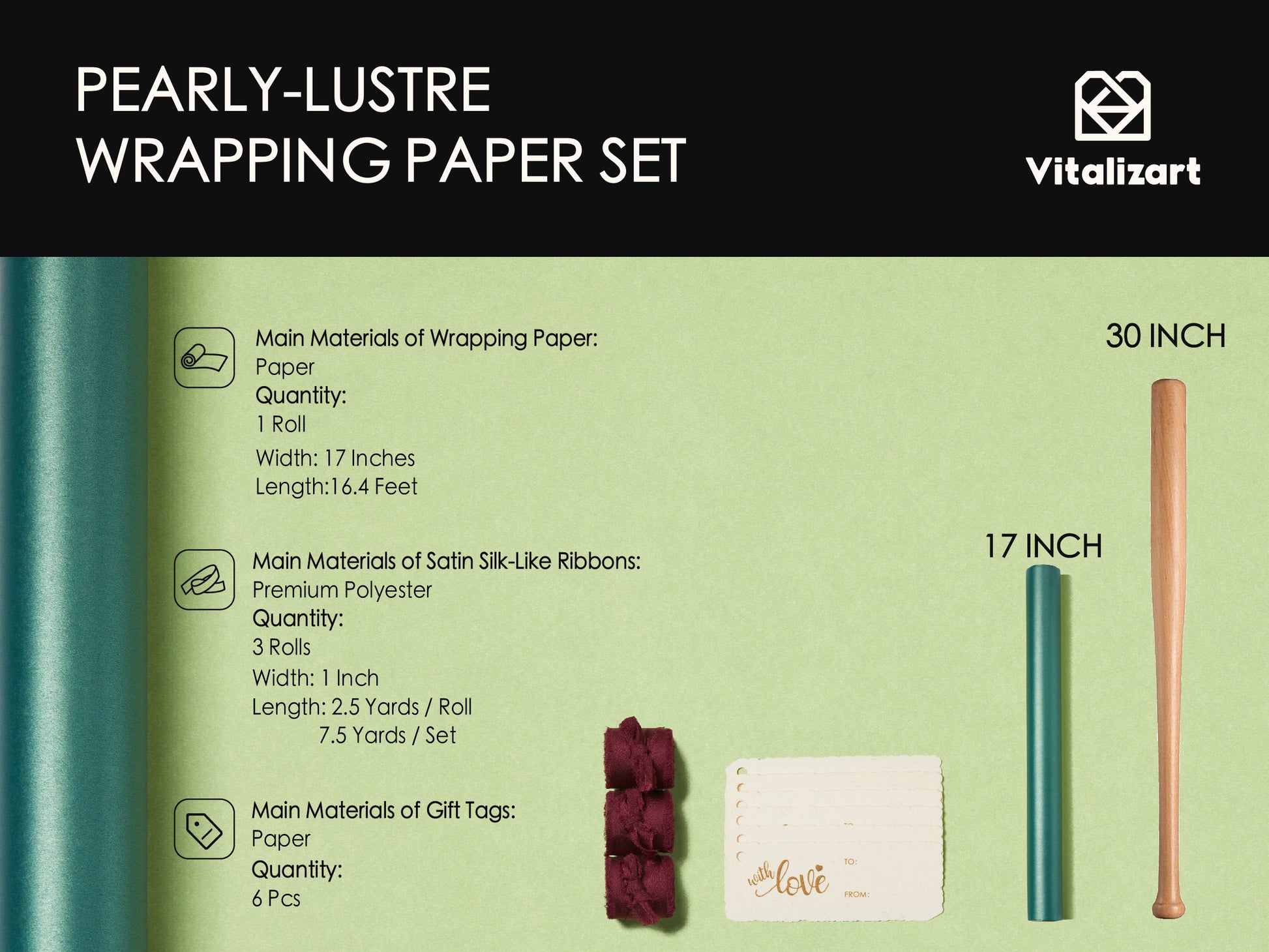 Wrapping Paper Set 17"x197" Pearly - Lustre With Silk Like Satin Ribbon & Gift Tags (Green Paper & Burgundy Ribbons) - Vitalizart