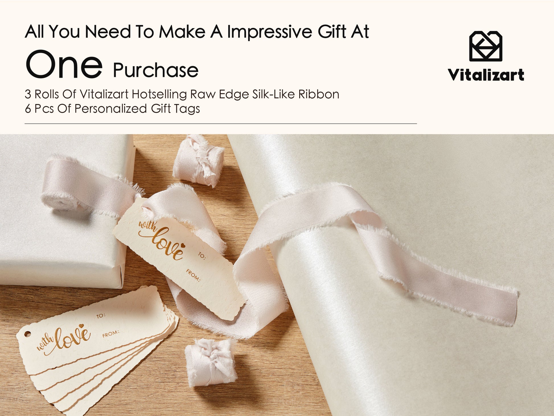 Wrapping Paper Set 17"x197" Pearly - Lustre With Silk Like Satin Ribbon & Gift Tags (White Paper & Light Nude Ribbons) - Vitalizart