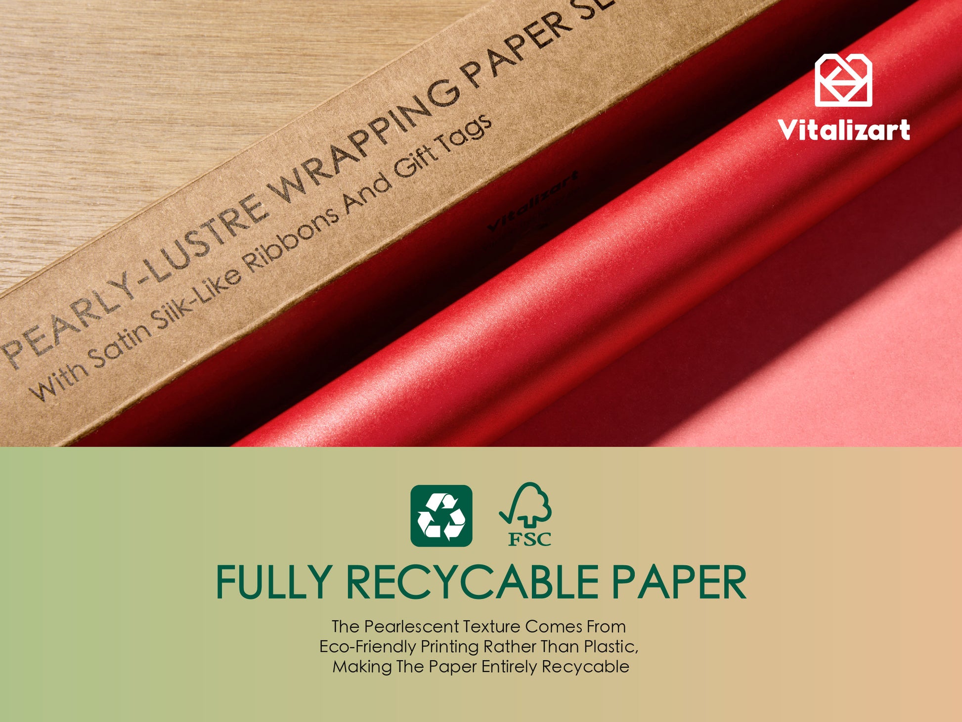 Wrapping Paper Set 17"x197" Pearly - Lustre With Silk Like Satin Ribbon & Gift Tags (Red Paper & Burgundy Ribbons) - Vitalizart