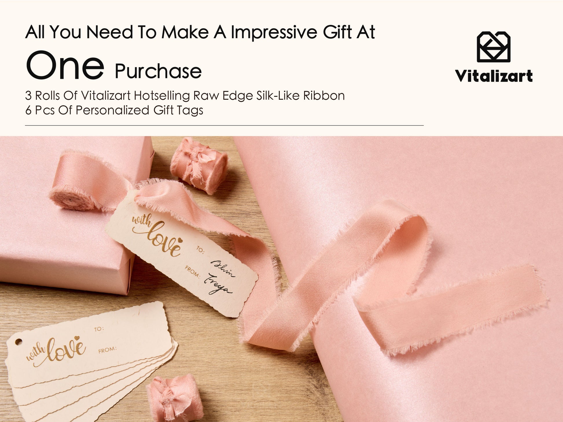 Wrapping Paper Set 17"x197" Pearly - Lustre With Silk Like Satin Ribbon & Gift Tags (Pink Paper & Pink Ribbons) - Vitalizart