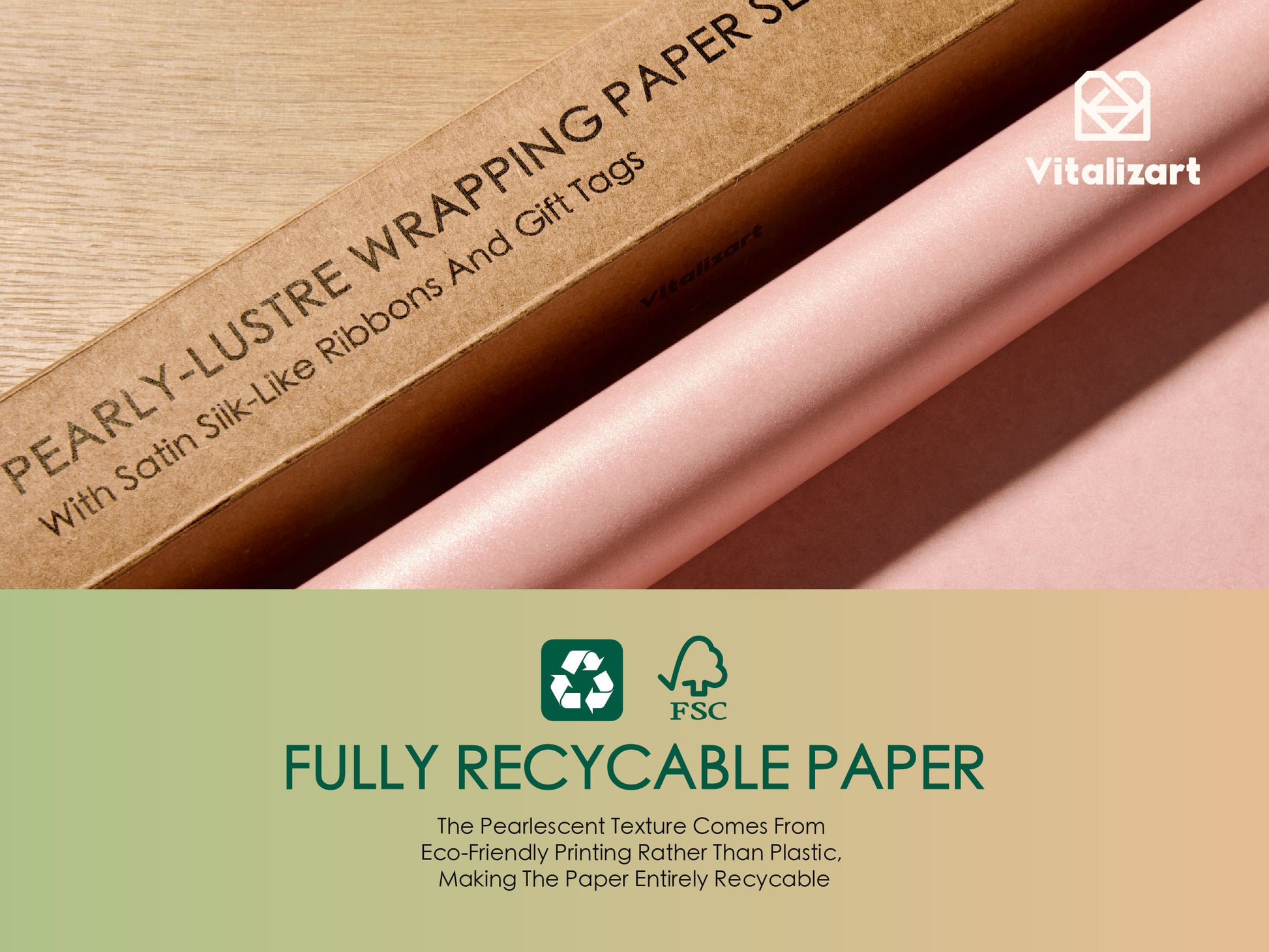 Wrapping Paper Set 17"x197" Pearly - Lustre With Silk Like Satin Ribbon & Gift Tags (Pink Paper & Pink Ribbons) - Vitalizart