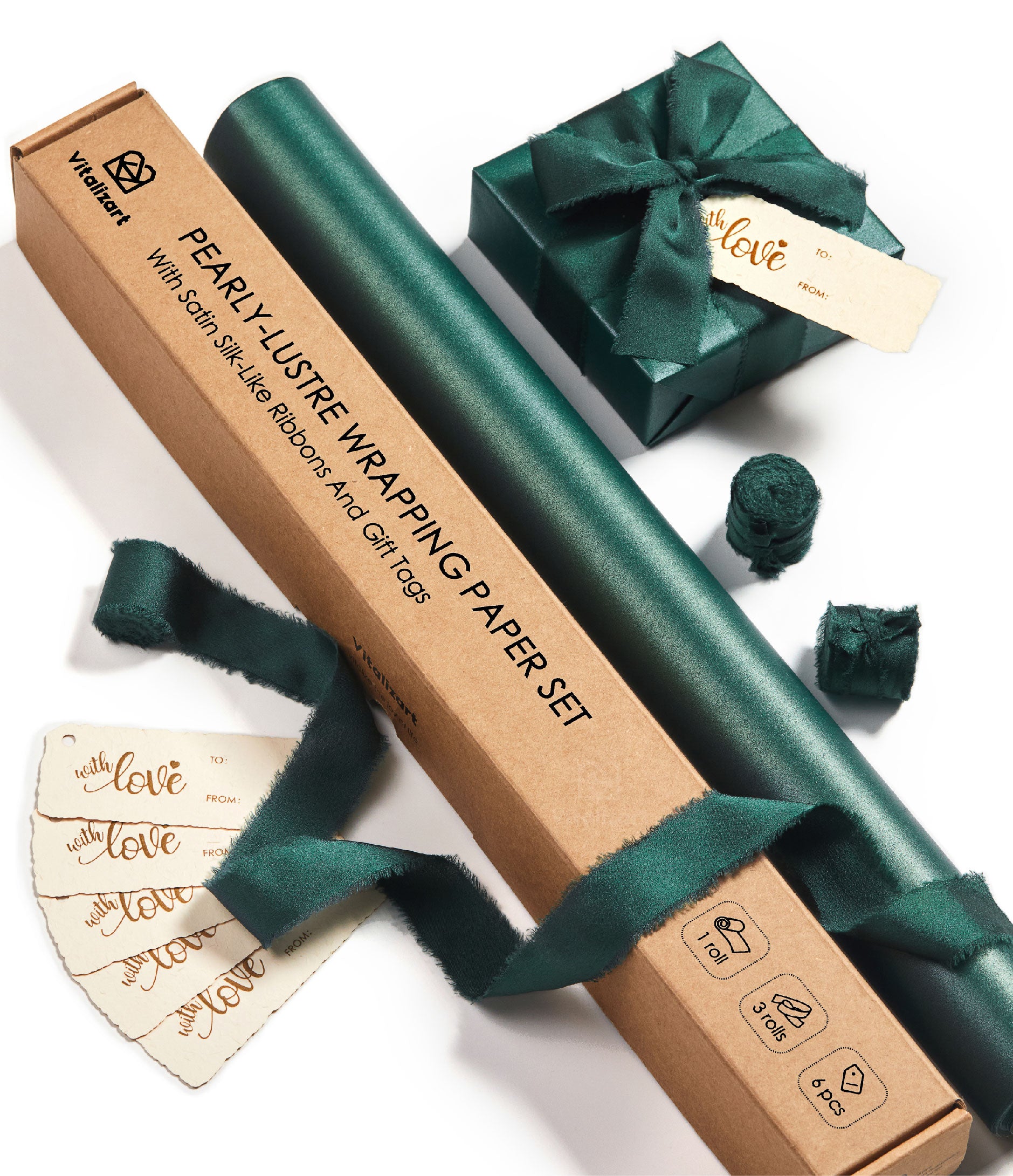 Wrapping Paper Set 17"x197" Pearly - Lustre With Silk Like Satin Ribbon & Gift Tags (Green Paper & Green Ribbons) - Vitalizart