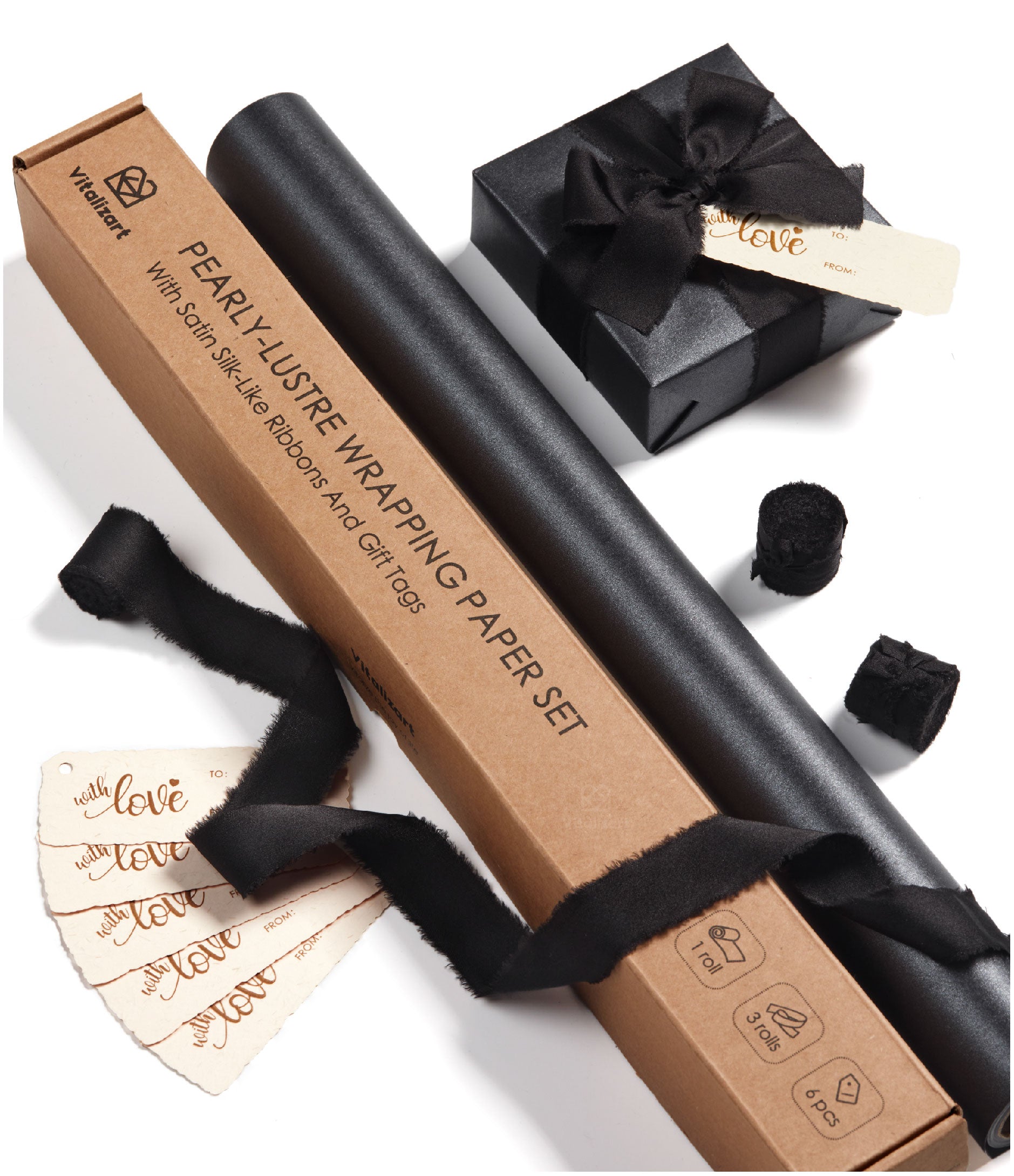 Wrapping Paper Set 17"x197" Pearly - Lustre With Silk Like Satin Ribbon & Gift Tags (Black Paper & Black Ribbons) - Vitalizart