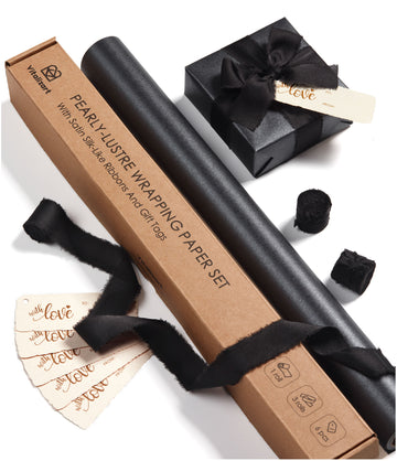 Wrapping Paper Set 17"x197" Pearly-Lustre With Silk Like Satin Ribbon & Gift Tags (Black Paper & Black Ribbons)