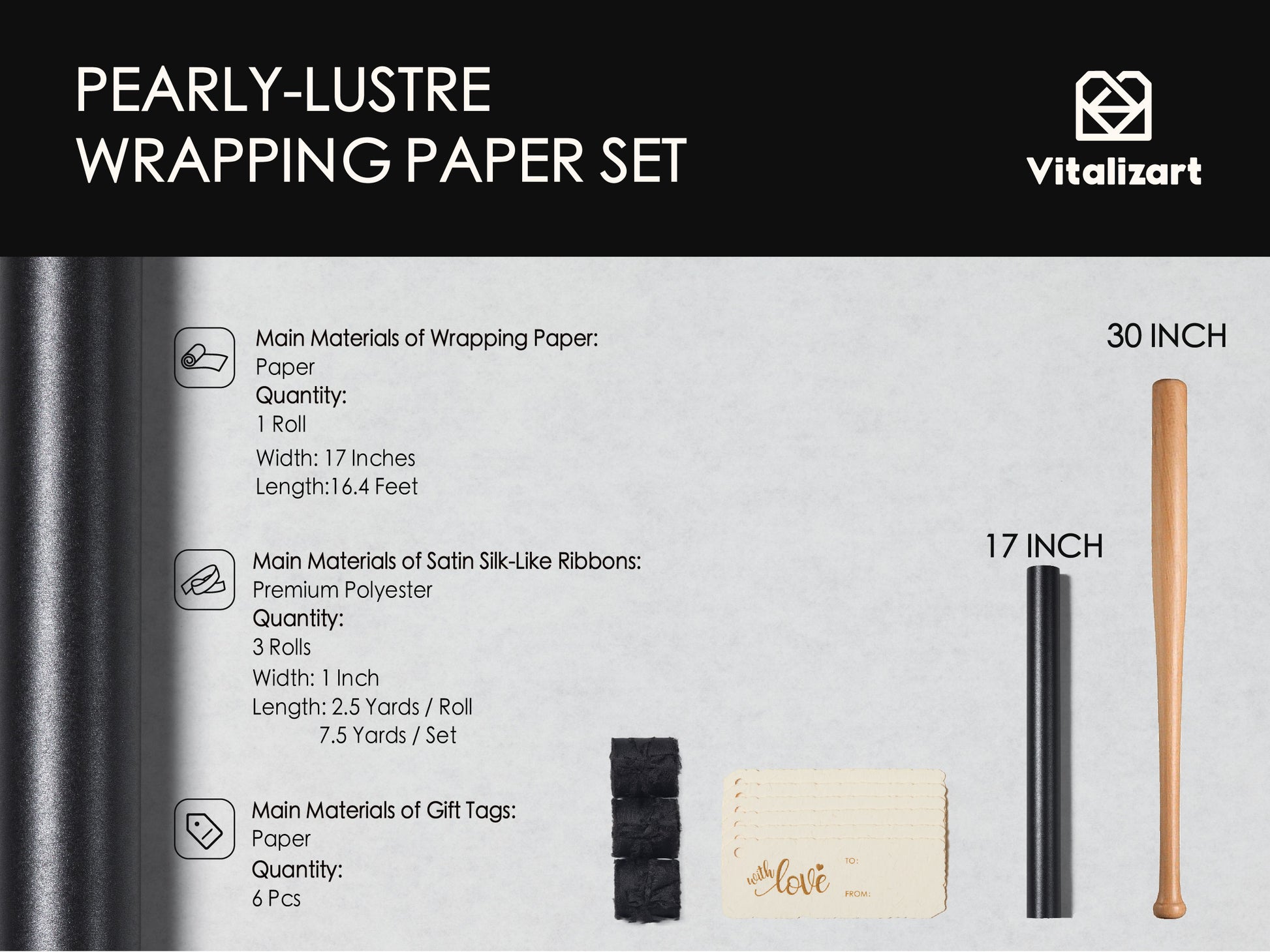 Wrapping Paper Set 17"x197" Pearly - Lustre With Silk Like Satin Ribbon & Gift Tags (Black Paper & Black Ribbons) - Vitalizart
