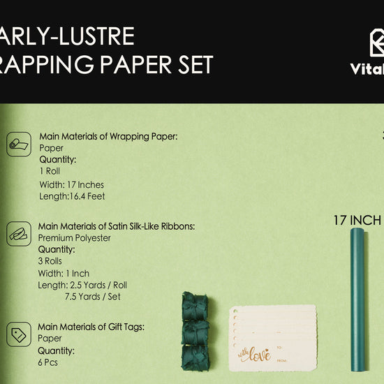 Wrapping Paper Set 17"x197" Pearly - Lustre With Silk Like Satin Ribbon & Gift Tags (Green Paper & Green Ribbons) - Vitalizart