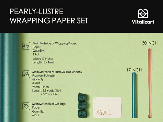 Wrapping Paper Set 17"x197" Pearly - Lustre With Silk Like Satin Ribbon & Gift Tags (Green Paper & Green Ribbons) - Vitalizart