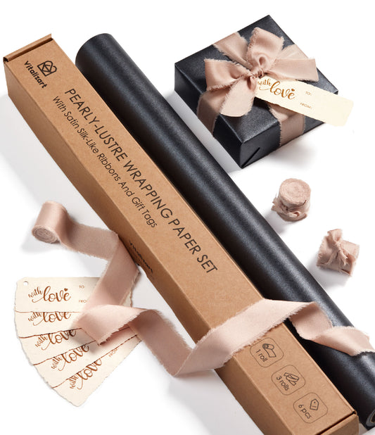 Wrapping Paper Set 17"x197" Pearly-Lustre With Silk Like Satin Ribbon & Gift Tags (Black Paper & Nude Ribbons)