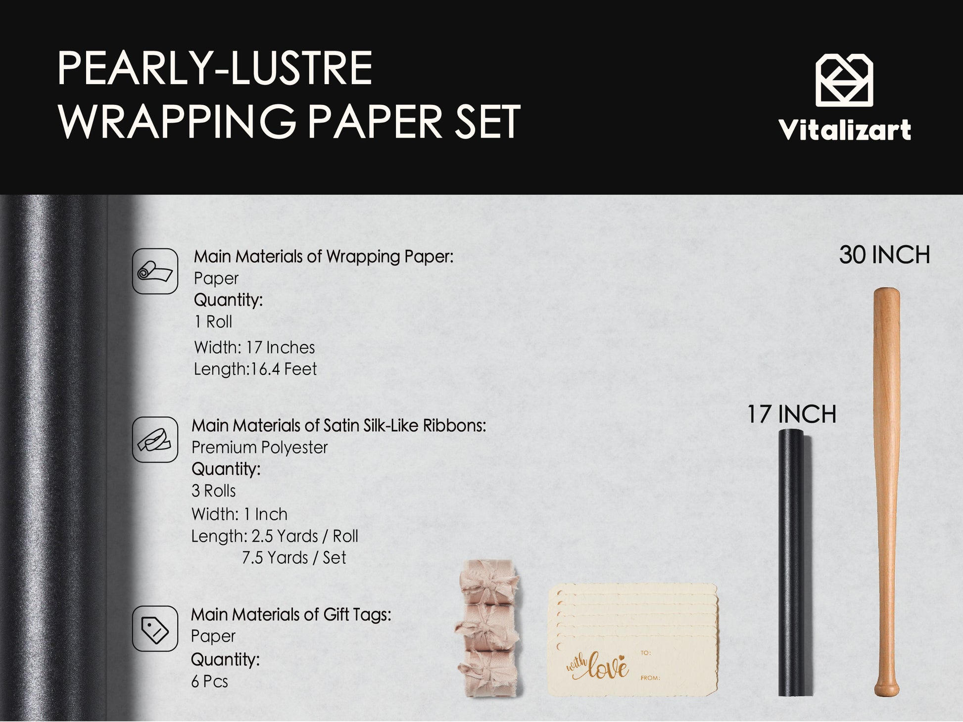 Wrapping Paper Set 17"x197" Pearly - Lustre With Silk Like Satin Ribbon & Gift Tags (Black Paper & Nude Ribbons) - Vitalizart