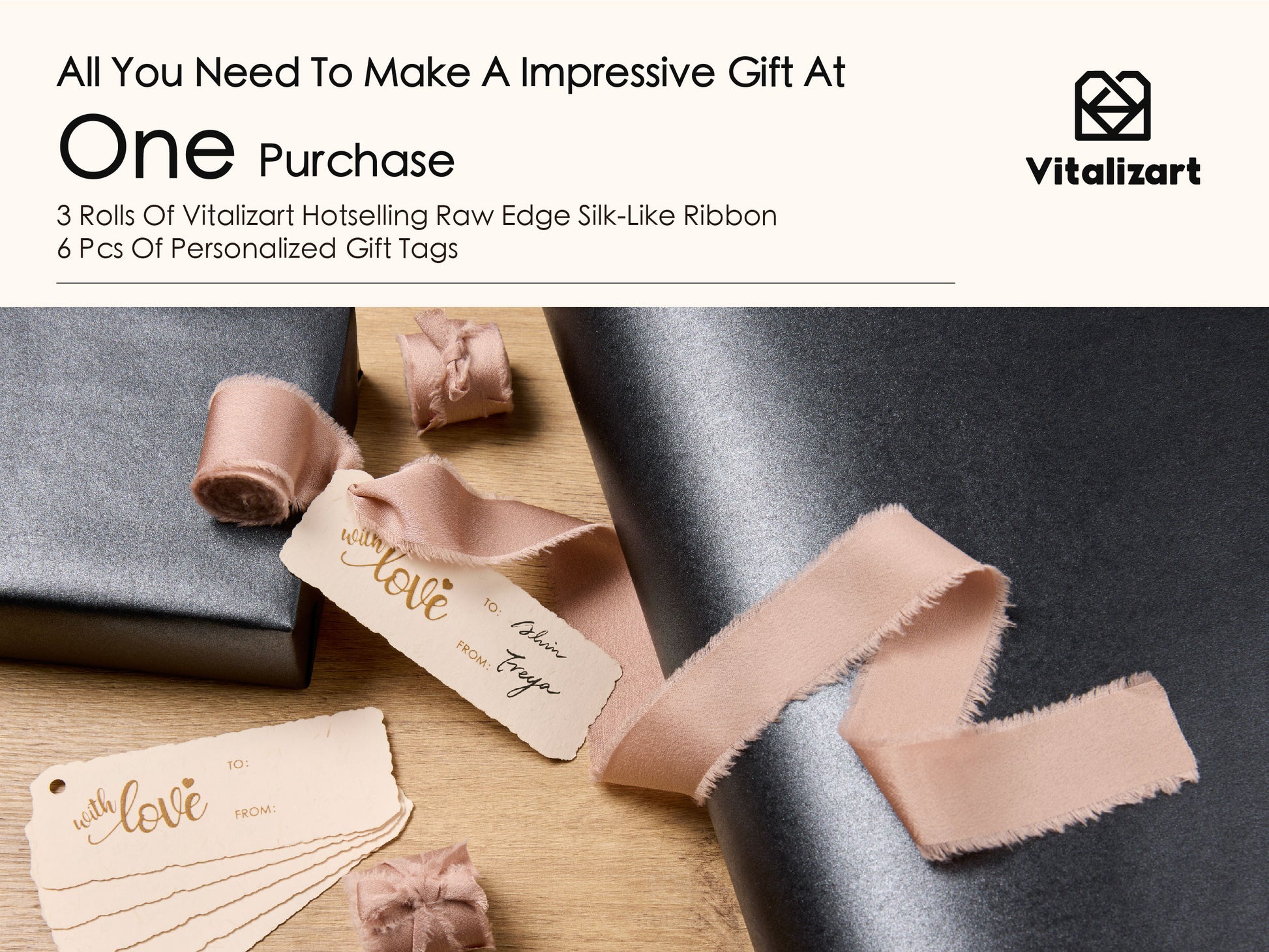 Wrapping Paper Set 17"x197" Pearly - Lustre With Silk Like Satin Ribbon & Gift Tags (Black Paper & Nude Ribbons) - Vitalizart