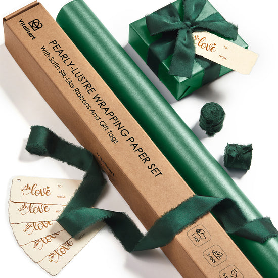 Wrapping Paper Set 17"x197" Pearly-Lustre With Silk Like Satin Ribbon & Gift Tags ( Green Paper & Green Ribbons) - Vitalizart