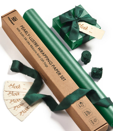 Wrapping Paper Set 17"x197" Pearly-Lustre With Silk Like Satin Ribbon & Gift Tags ( Green Paper & Green Ribbons) - Vitalizart