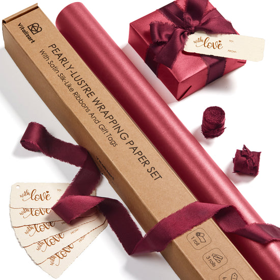 Wrapping Paper Set 17"x197" Pearly-Lustre With Silk Like Satin Ribbon & Gift Tags (Burgundy Paper & Burgundy Ribbons) - Vitalizart