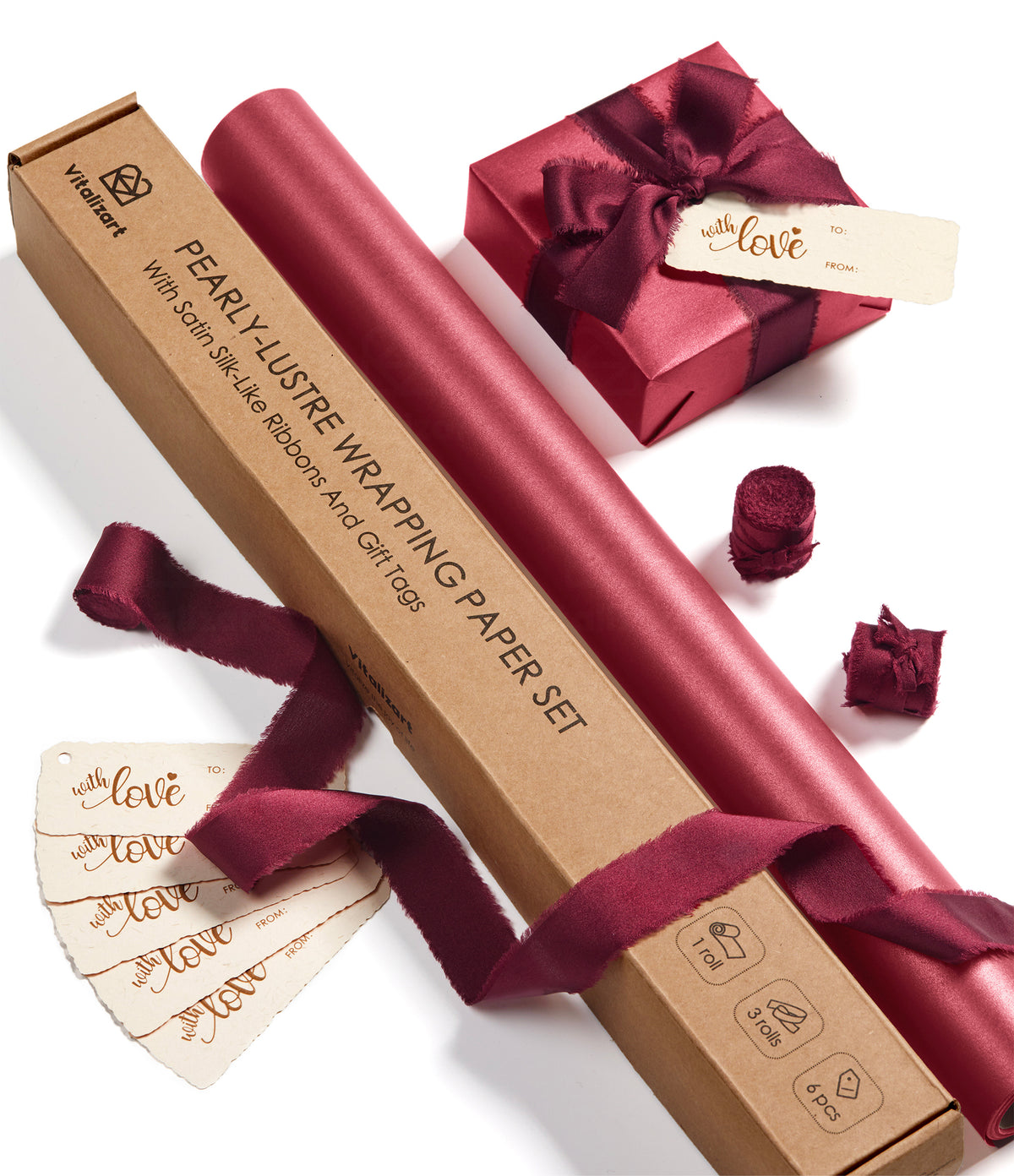 Wrapping Paper Set 17"x197" Pearly-Lustre With Silk Like Satin Ribbon & Gift Tags (Burgundy Paper & Burgundy Ribbons) - Vitalizart