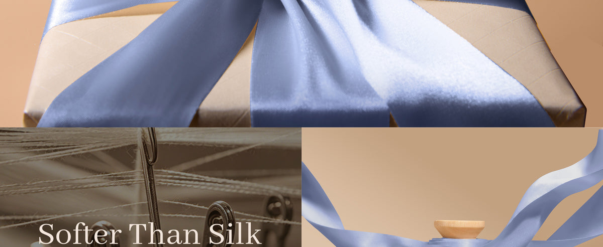 Dusty blue satin ribbon product details, size, and material presentation