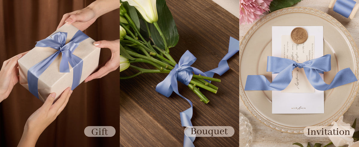 Vitalizart dusty blue satin ribbon styled in decorative gift and celebration applications