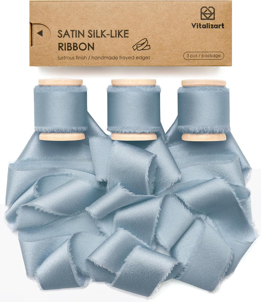 Silk Satin Ribbon With Wooden Spool 1" x 15 Yd (Dusty Blue) - Vitalizart