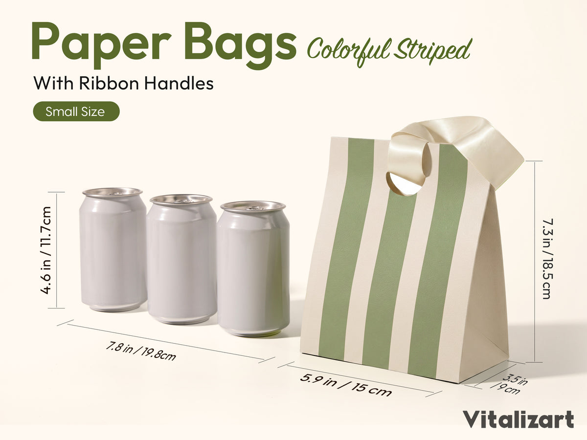 Mixed-Color Striped Paper Small Gift Bags with Ribbon Handles — Set of 10 - Vitalizart