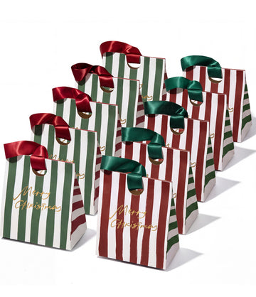 Christmas Small Paper Gift Bags with Ribbon Handles — Set of 10