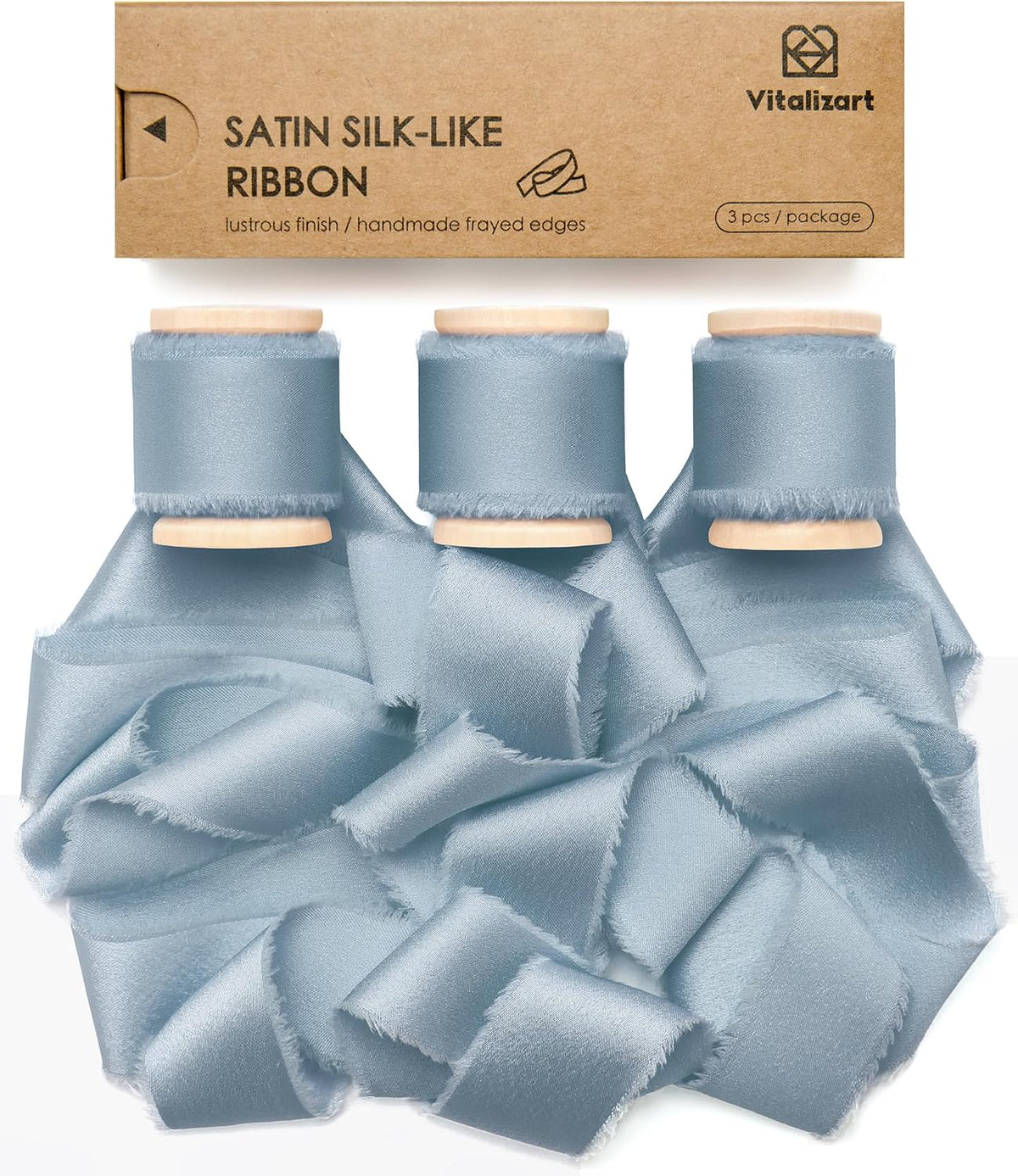 Silk Satin Ribbon With Wooden Spool 1" x 15 Yd (Dusty Blue) - Vitalizart