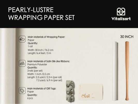 Wrapping Paper Set 30"x197" Pearly-Lustre With Silk Like Satin Ribbon & Gift Tags (White Paper & Sage Ribbons)