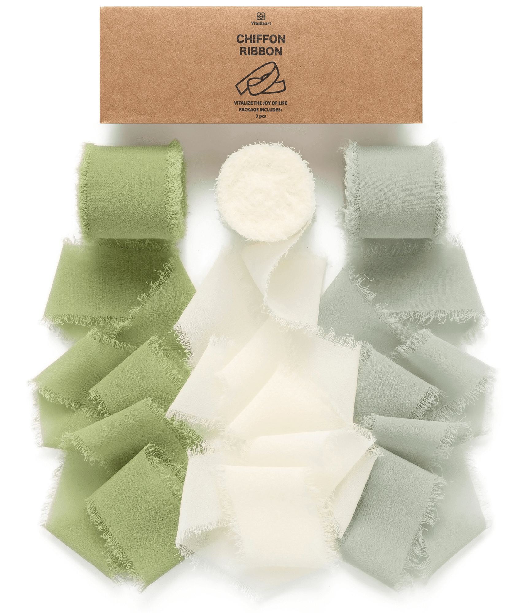 Fringe Chiffon Silk Ribbon 1 1/2 Inch x 21Yd (Green & Cream) - Vitalizart