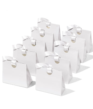 Vitalizart Paper Gift Bags With Ribbon Handles Set of 10 Black Bulk Reusable For Gift Wrap Girls Kids Birthday Bridal Shower Party Favors Goodie Bags Candy Christmas 6.1"x2.95"x5.71" Mini(Off White)