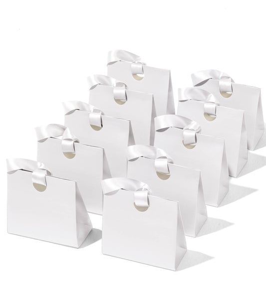 Vitalizart Paper Gift Bags With Ribbon Handles Set of 10 Black Bulk Reusable For Gift Wrap Girls Kids Birthday Bridal Shower Party Favors Goodie Bags Candy Christmas 6.1"x2.95"x5.71" Mini(Off White)