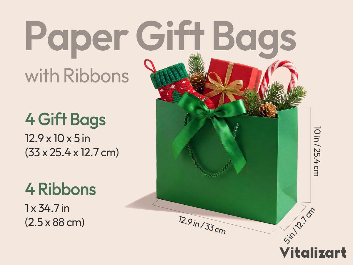Christmas Gift Bags Large Paper Gift Bags with Ribbon Bows — Set of 4 - Vitalizart