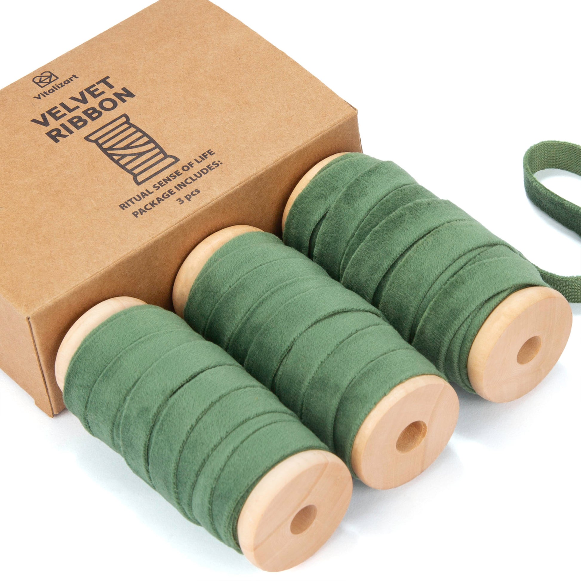 Velvet Ribbon With Wooden Spool 3/8" x 15 Yd (Green) - Vitalizart