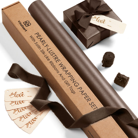Wrapping Paper Set 17"x197" Pearly-Lustre With Silk Like Satin Ribbon & Gift Tags (Brown Paper & Brown Ribbons) - Vitalizart