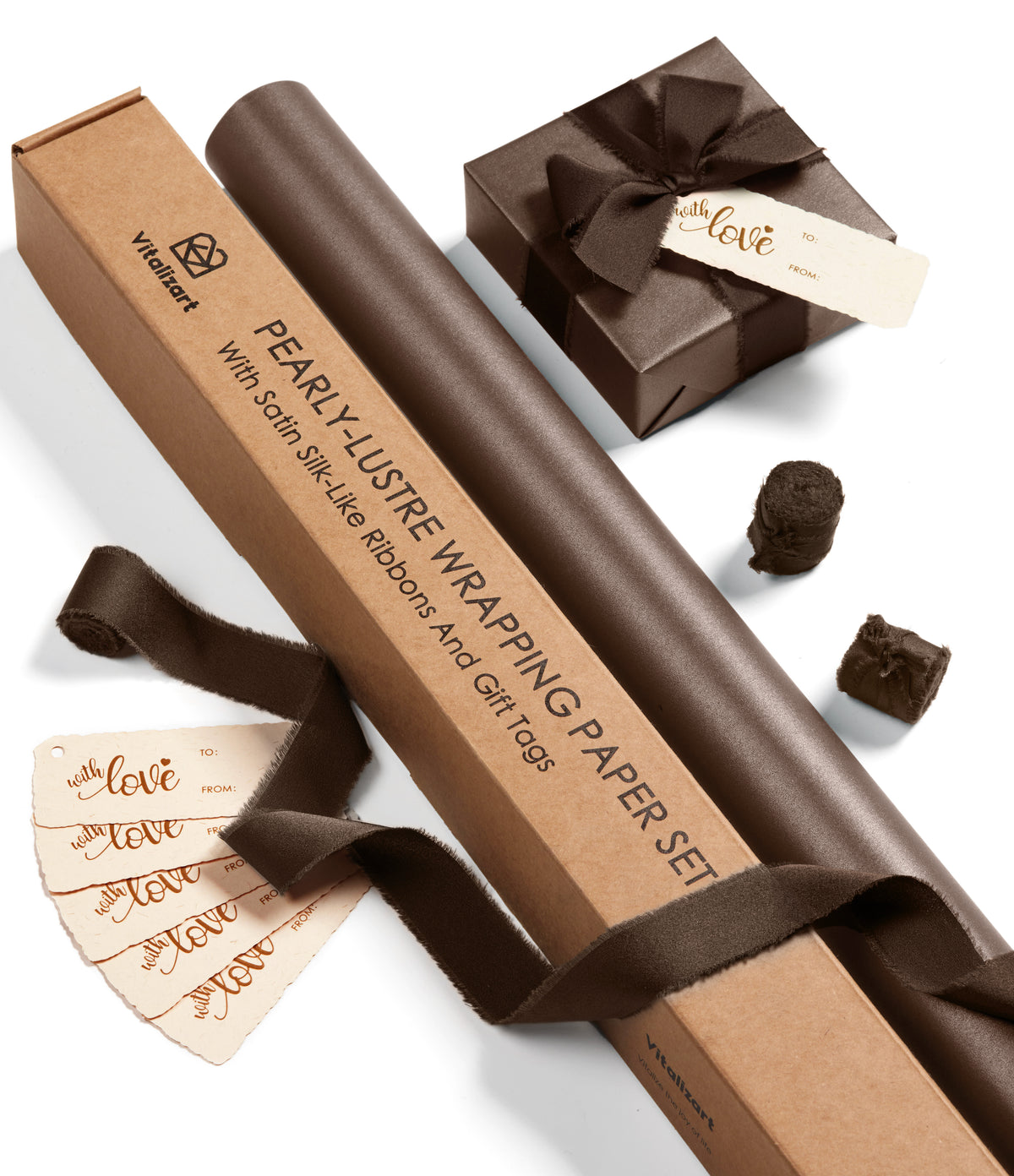 Wrapping Paper Set 17"x197" Pearly-Lustre With Silk Like Satin Ribbon & Gift Tags (Brown Paper & Brown Ribbons) - Vitalizart