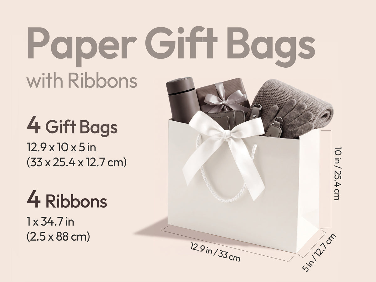 White Large Paper Gift Bags with Ribbon Bows — Set of 4 - Vitalizart