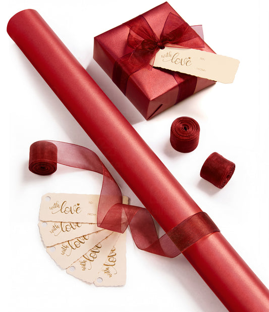 Vitalizart Pearly Wrapping Paper Set 30" × 197" w/ Organza Ribbon & Tags – Red - Vitalizart