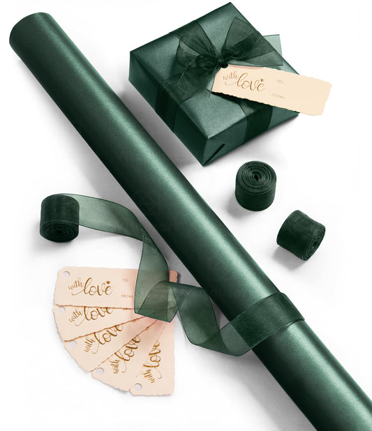 Vitalizart Pearly Wrapping Paper Set 30" × 197" w/ Organza Ribbon & Tags – Dark Green - Vitalizart