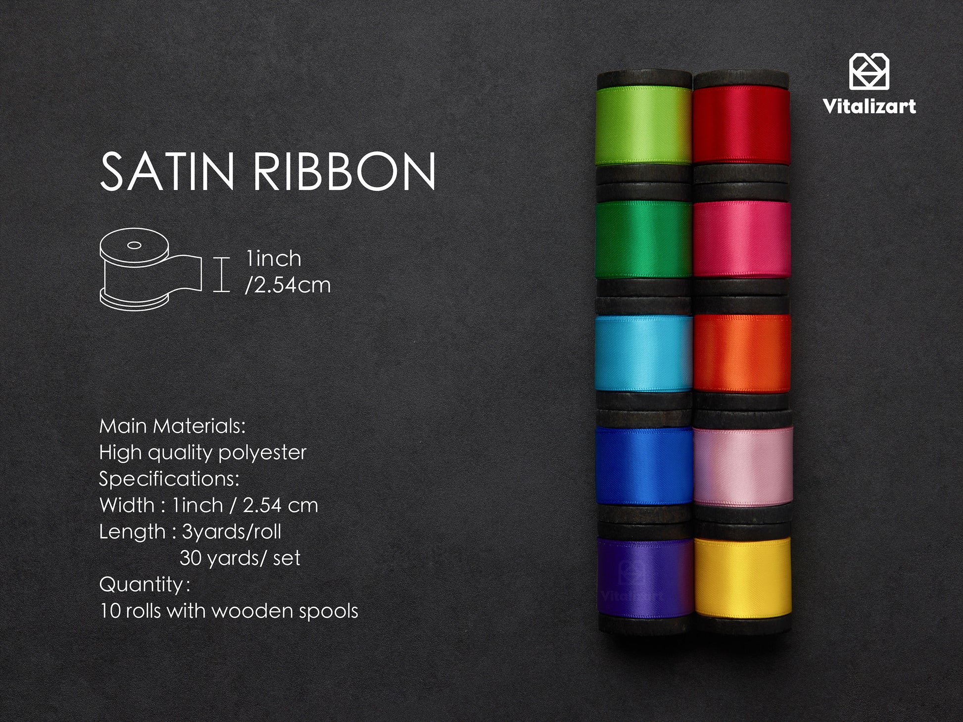 Double Faced Silk Like Satin Ribbon 1" x 30Yd (Rainbow Set) - Vitalizart