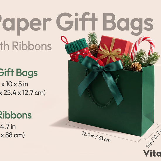 Dark Green Large Paper Gift Bags with Ribbon Bows — Set of 4 - Vitalizart